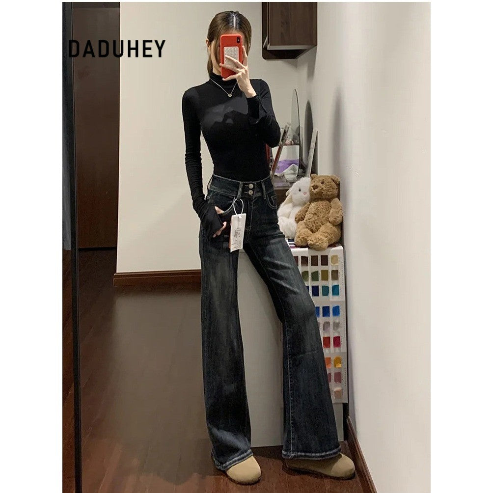 DADUHEY Women's Jeans New High Waist Double Breasted Loose Fitted Figure Flattering High-Rise Horn Horseshoe Pants | 9142