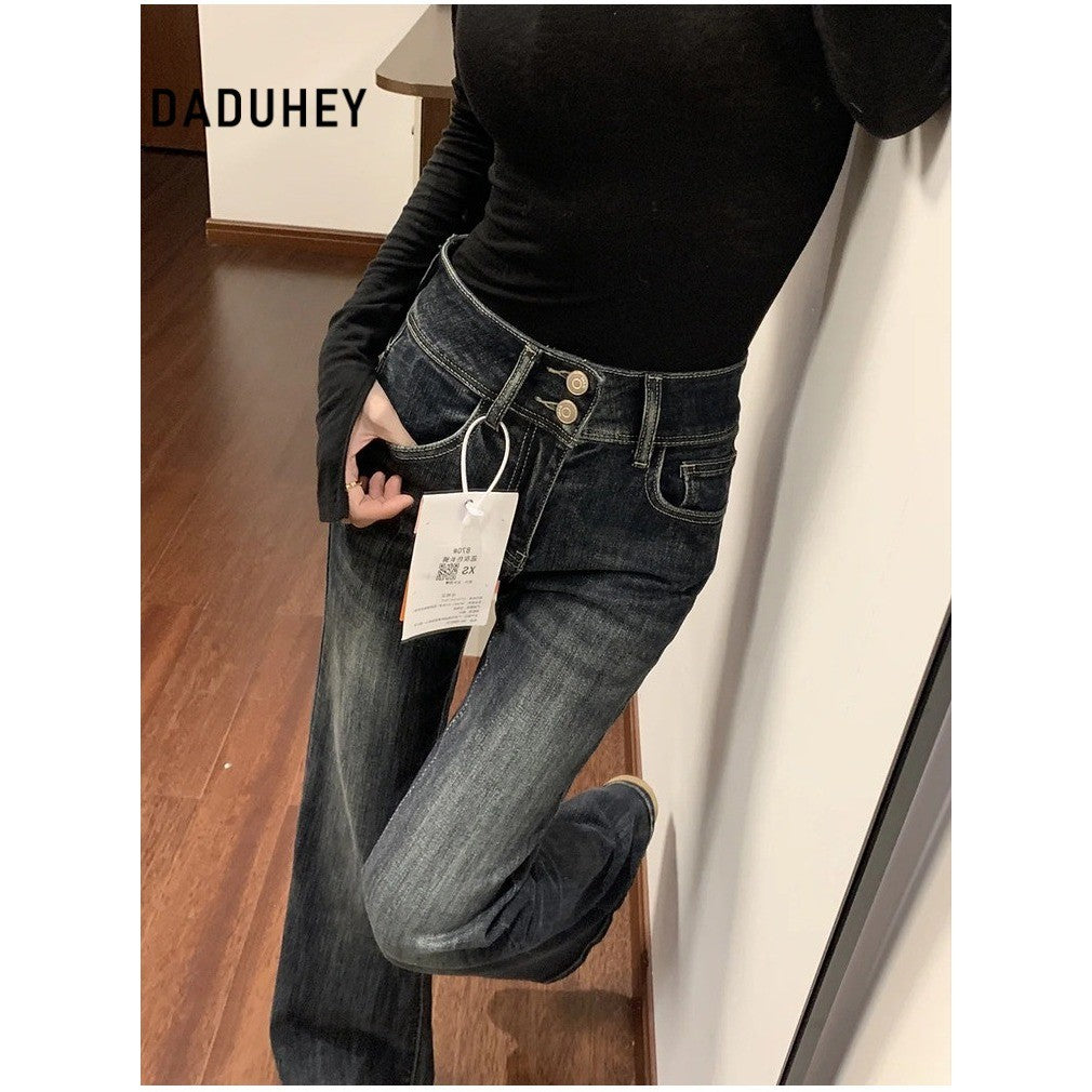 DADUHEY Women's Jeans New High Waist Double Breasted Loose Fitted Figure Flattering High-Rise Horn Horseshoe Pants | 9142
