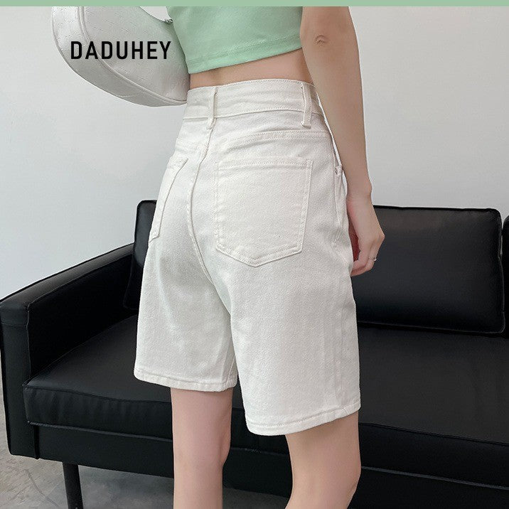 DADUHEY White Straight Denim Shorts Women | Slimming Fit