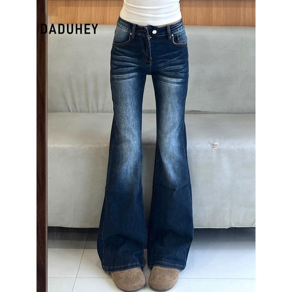 DADUHEY Women's Jeans New Large Size Plump Girls Slim Fit Slimming Cover Versatile Washed Distressed Bootcut Pants | 1917