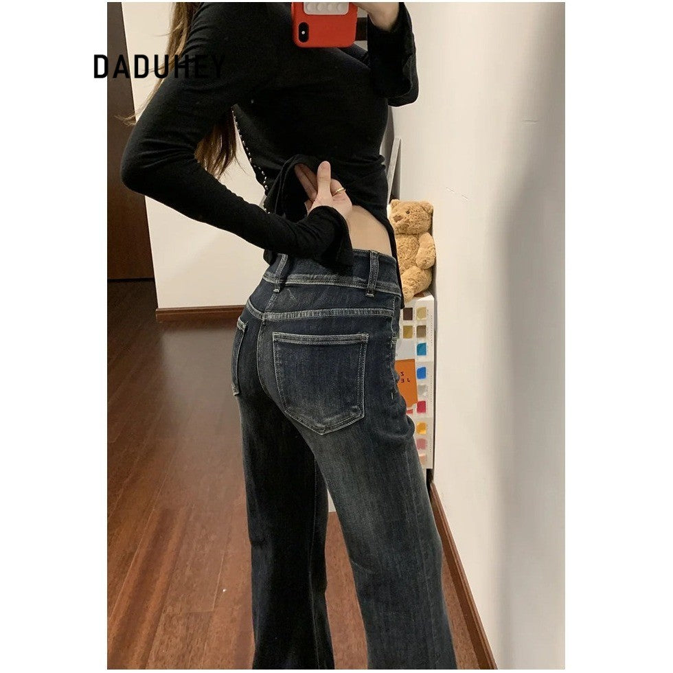 DADUHEY Women's Jeans New High Waist Double Breasted Loose Fitted Figure Flattering High-Rise Horn Horseshoe Pants | 9142