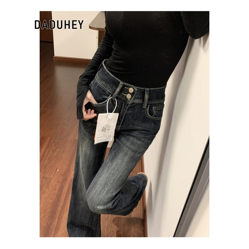 DADUHEY Women's Jeans New High Waist Double Breasted Loose Fitted Figure Flattering High-Rise Horn Horseshoe Pants | 9142