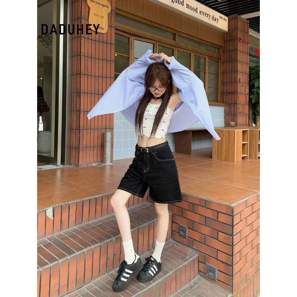 DADUHEY Black Denim Shorts Women | High-Waist Wide-Leg Slimming