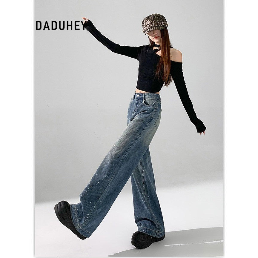 DADUHEY Rhinestone Wide-Leg Jeans Women | High-Waist Slimming
